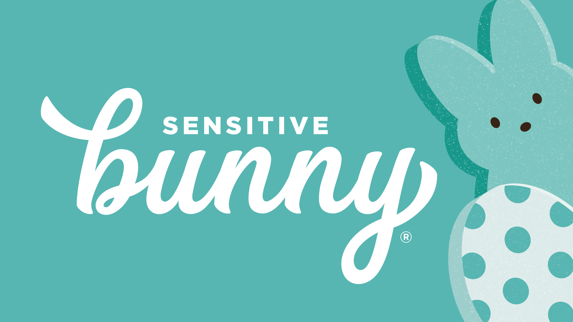 Sensitive Bunny text on turquoise background with bunny and egg